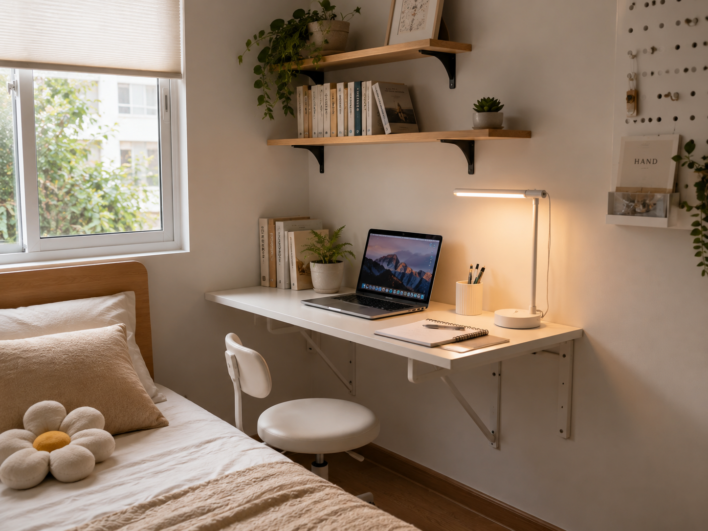 Góc học tập nhỏ gọn trong phòng ngủ với bàn gấp đèn LED và kệ treo tường